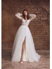Long Sleeves Ivory Lace Tulle Slit Boho Wedding Dress
